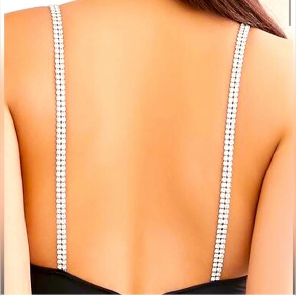 Forever 21 Black Satin Stretch Rhinestone Strap V-Neck Bodysuit - Picture 4 of 5